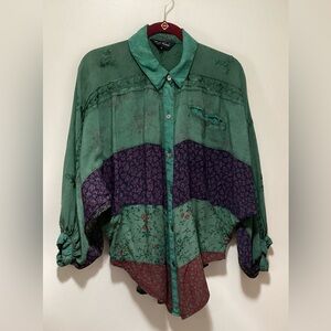 Young Threads Boho-Inspired Green Patchwork Button-Up Blouse